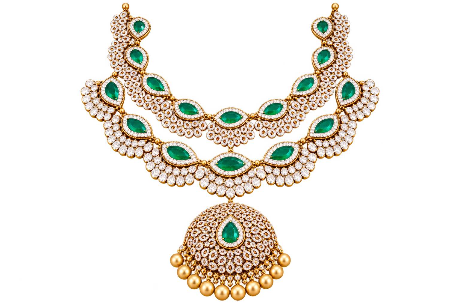 The Zumurrud Emerald Cascade — marquise emeralds in a two-tier diamond drape