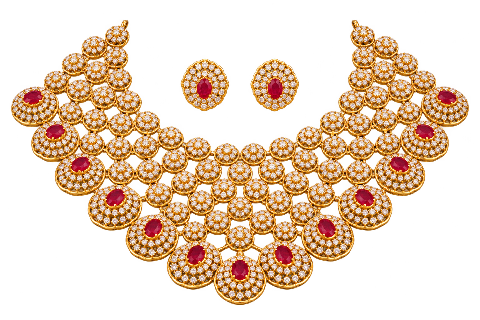 The Rakta Ruby Pavé Bib — Burmese rubies across five hinged pavé rows