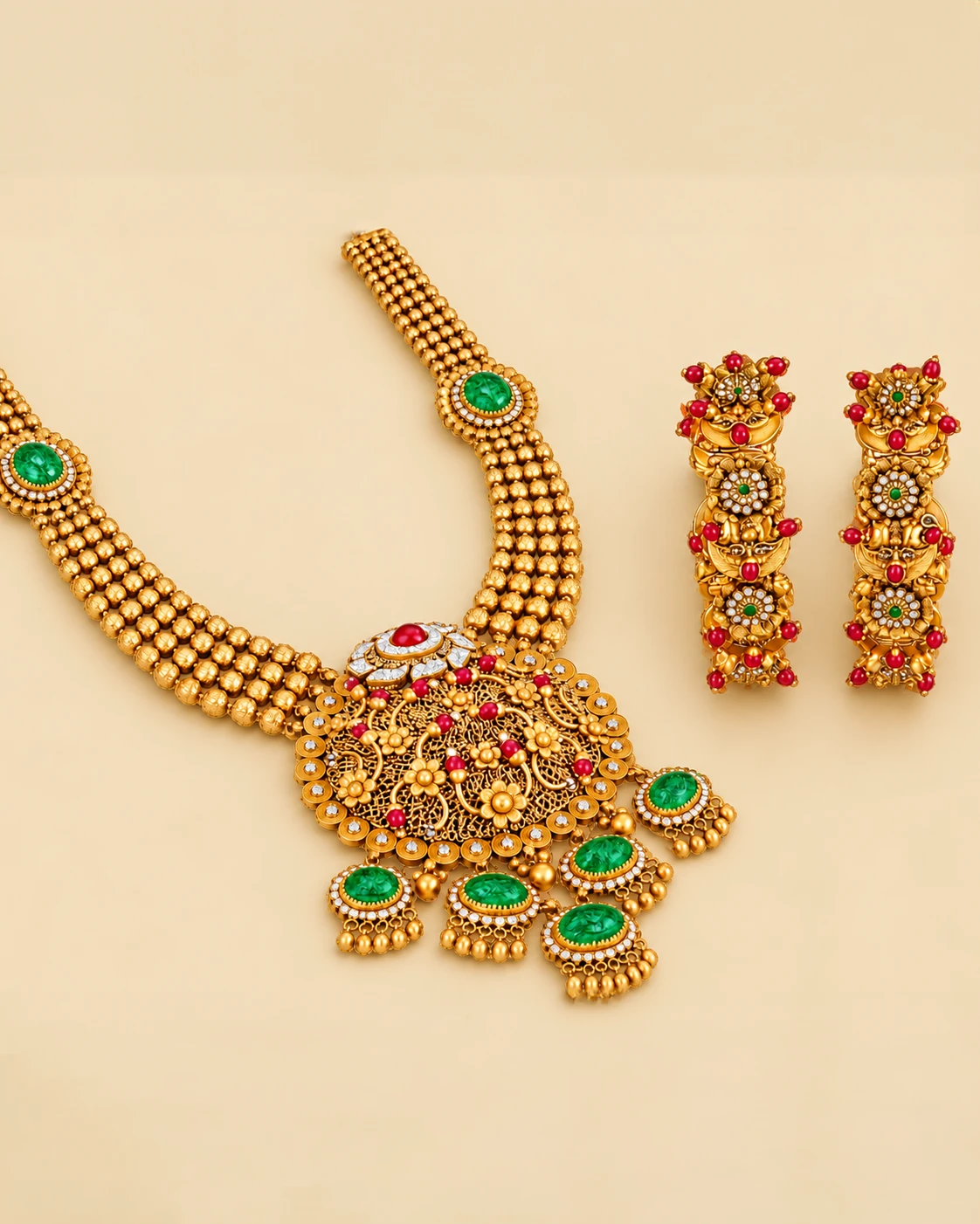 The Darbar Carved Emerald Set — 22K Antique Gold, Carved Emeralds, Rubies & Brilliant Diamonds