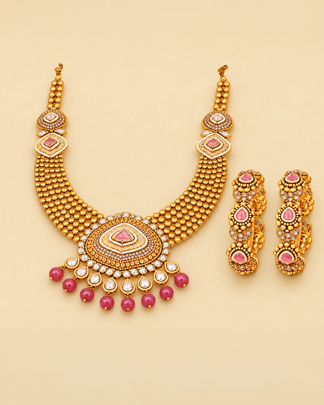 The Lakshmi Gundu Set — 22K Yellow Gold, Pink Tourmaline, Polki & Brilliant Diamonds