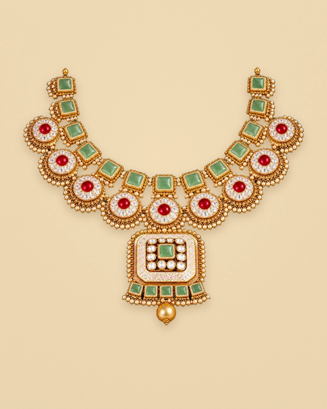 The Panchratna Collar — 22K Yellow Gold, Jade, Rubies, Polki & Seed Pearls